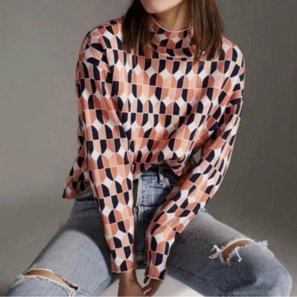 Anthropologie Maeve Geometric Mock Neck Sweater Medium Retro Knit